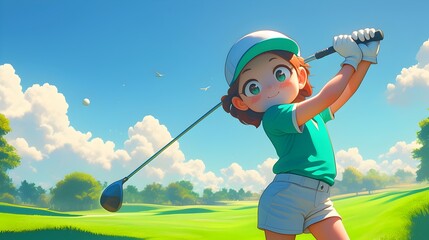 Cute and Energetic Cartoon Golfer Swinging on Lush Green Golf Course