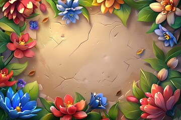 Colorful flowers of different shapes and sizes bloom against a cracked stone background