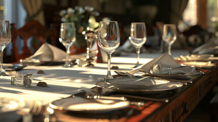 Obraz premium Italian dinner table with cutlery, plate, glass, napkins and naperies with salt and pepper on the table.