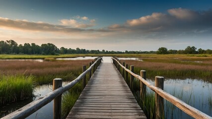 Naklejka premium A serene wooden boardwalk leads through a tranquil marshland under a picturesque sky, perfect for nature walks, photography, or relaxation