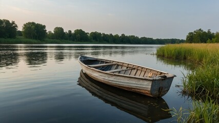 Obraz premium A serene image of a wooden boat floating on a calm lake near a grassy shoreline at sunset, ideal for concepts like solitude, relaxation, and nature adventures