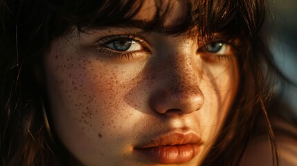 Close Up Portrait of a Woman With Freckles and Blue Eyes in Golden Light
