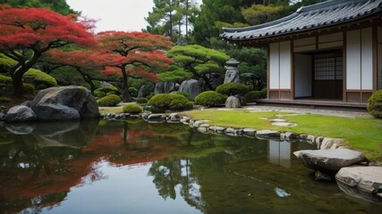 Naklejka premium A serene Japanese garden featuring a tranquil pond, traditional architecture, and vibrant autumn foliage Ideal for themes of peace and meditation