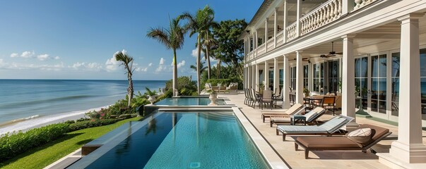 Fototapeta premium Coastal mansion with a wrap-around veranda and oceanfront pool.