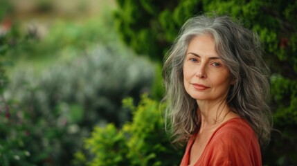 Naklejka premium Woman With Silver Hair Posing in a Garden on a Sunny Day