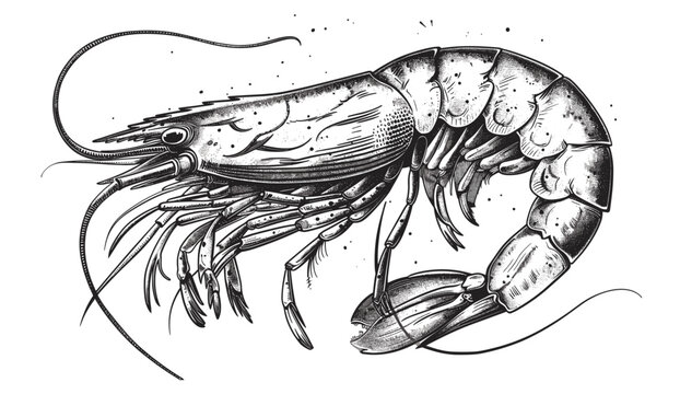 recommend clip art: Vintage black and white shrimp engraving illustration isolated, antique seafood sketch, retro style clipart vector.