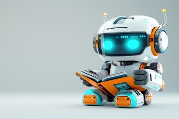 Fototapeta premium Cute robot sitting and reading a book, artificial intelligence concept