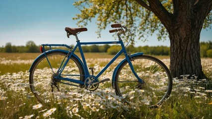 Naklejka premium A vintage blue bicycle rests in a field of daisies beneath a tree, evoking a serene and leisurely atmosphere perfect for springtime outings and relaxation