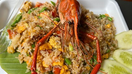 Fried rice with shrimp and lobster .Thai famous street food shrimp fried rice.Thai shrimp fried rice or kao pad goong.