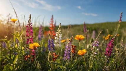 A picturesque meadow filled with colorful wildflowers under a bright sky, creating a serene, vibrant, and peaceful landscape perfect for spring and summer themes