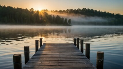 Fototapeta premium A serene sunrise over a misty lake, captured from a wooden dock The calm water and peaceful atmosphere make it perfect for relaxation and contemplation
