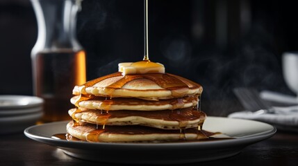 .ancakes stacked with butter and honey