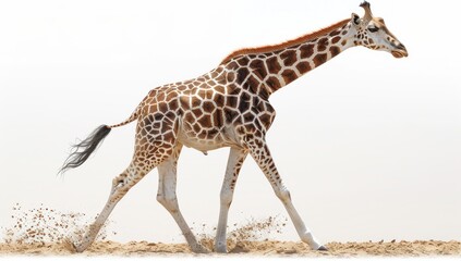 Giraffe Running Through Sand with a White Background