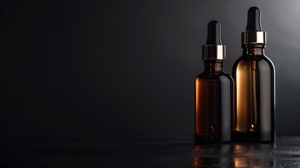 Fototapeta premium Two dark amber glass dropper bottles illuminated by soft side lighting.