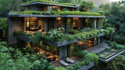 Modern eco-friendly green home surrounded by lush vegetation, featuring multiple floors, large windows, and rooftop gardens.