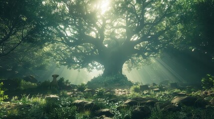 Obraz premium large tree in a forest with rocks and grass