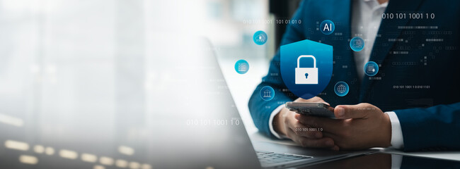 Cyber ​​security and data protection on Internet network, businessman using laptop and...