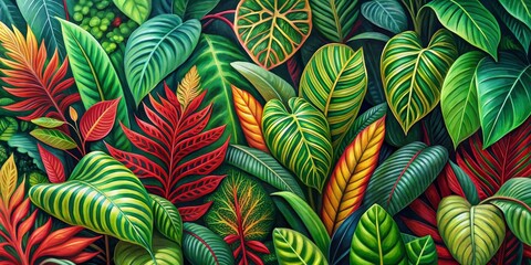 Tropical Leaf Tapestry A Vibrant Oil Painting of Lush Foliage,  tropical leaves, oil painting, foliage art , green and red