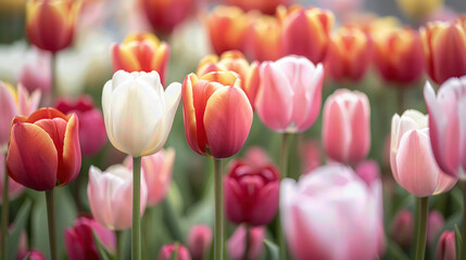 Fototapeta premium Beautiful tulip garden in spring with colorful flowers in full bloom creating a serene and vibrant landscape.
