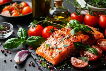 Perfectly Grilled Salmon Accompanied by a Medley of Vegetables