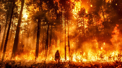 Firefighter walking through burning forest during wildfire