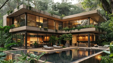 Modern luxury house with large glass windows, surrounded by lush greenery, and featuring an outdoor pool and elegant outdoor furniture.