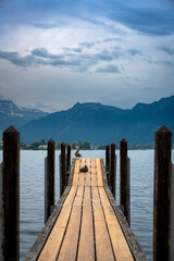 Fototapeta premium wooden pier on lake in Spitz, Switzerland