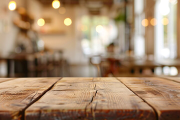 An artfully composed photograph of an empty rustic wood table, captured with perfect focus and balanced symmetry. The softly lit restaurant background is beautifully blurred with a bokeh effect,