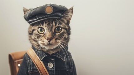 A cat dressed as a mail carrier, standing against a plain white background, wearing a mail carrier hat and satchel