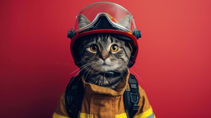 A cat dressed in a firefighter uniform, standing against a plain red background, wearing a firefighter helmet