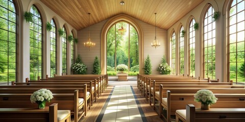 Fototapeta premium Sunlit Church Interior with Arched Windows, 3D Render, Wooden Pews, Floral Decorations, Sunlight, Church Architecture, church pews, sunlight, 3d render