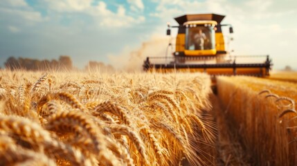 A combine harvester drives through a wheat field, harvests.
