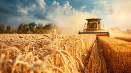 Fototapeta premium A combine harvester drives through a wheat field, harvests.
