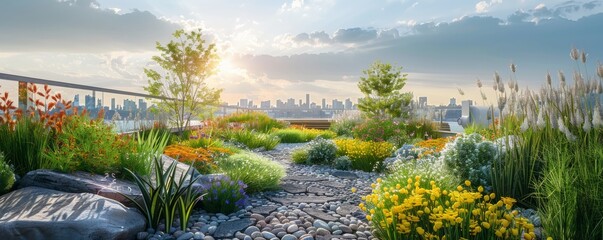 Rooftop garden with urban views.