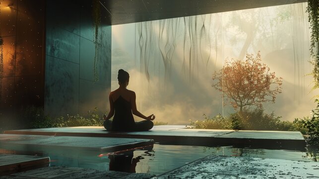 Individual meditating in a serene environment, using mindfulness to clear the mind and foster creative thinking, set against a tranquil backdrop
