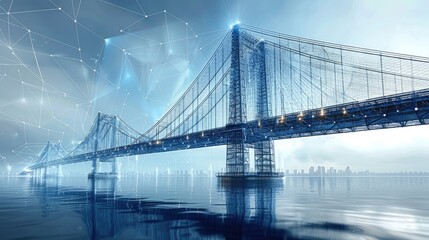 Futuristic bridge with digital network design over a calm body of water. Cityscape in the background under a cloudy sky.