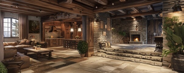 Rustic lodge with natural stone elements.