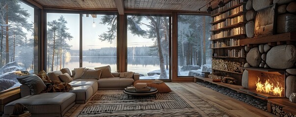 Scandinavian cabin with cozy, warm interiors.