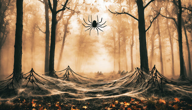Halloween background; black spider, cobwebs in front of foggy autumn forest. 