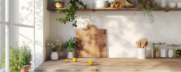 Scandinavian kitchen with a blank cutting board.