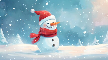 Fototapeta premium Cheerful snowman in a red hat and scarf standing in a snowy winter landscape.