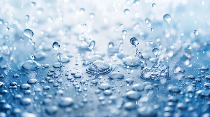 Macro image of water drops splashing on blue surface.