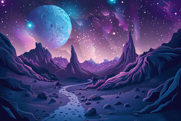 Obraz premium Space landscape with a road leading to lunar mountains and galaxies, depicting an otherworldly and surreal atmosphere suitable for science fiction or space exploration themes.