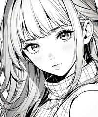Coloring picture of a young woman  black and white line drawing  anime style.