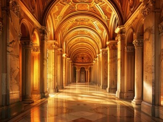 Fototapeta premium Majestic Illuminated Grand Hallway with Symmetrical Arches and Ornate Decor