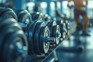 Fototapeta premium Close-Up of Adjustable Dumbbells on Rack in Gym