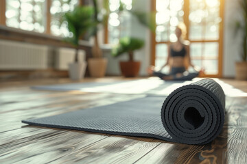 Close-Up of Rolled Yoga Mat on Floor