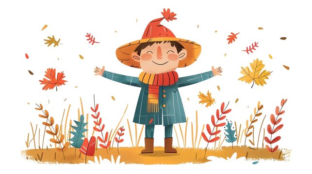 A cheerful boy in autumn clothes stands in a field of falling leaves.