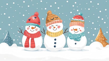 Fototapeta premium Three cute snowmen in winter wonderland with snow falling