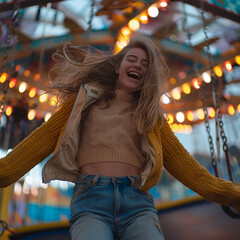 A vibrant scene of a young woman laughing and jumping, embodying the carefree vibes and excitement of an outdoor adventure at a festival